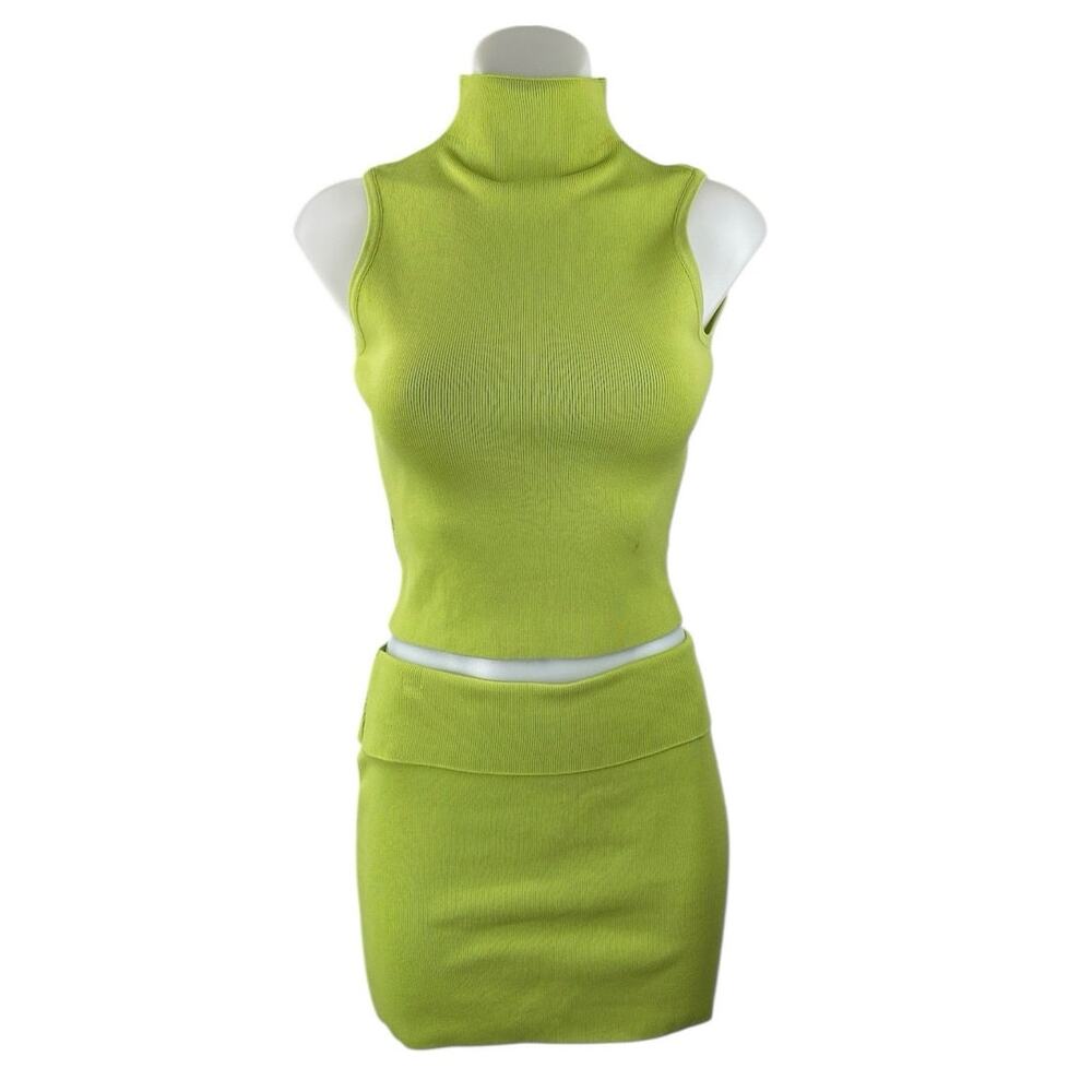 NEW Tiger Mist Women's Green Sleeveless Rib Knit Crop Tank Top & Skirt Set Sz M